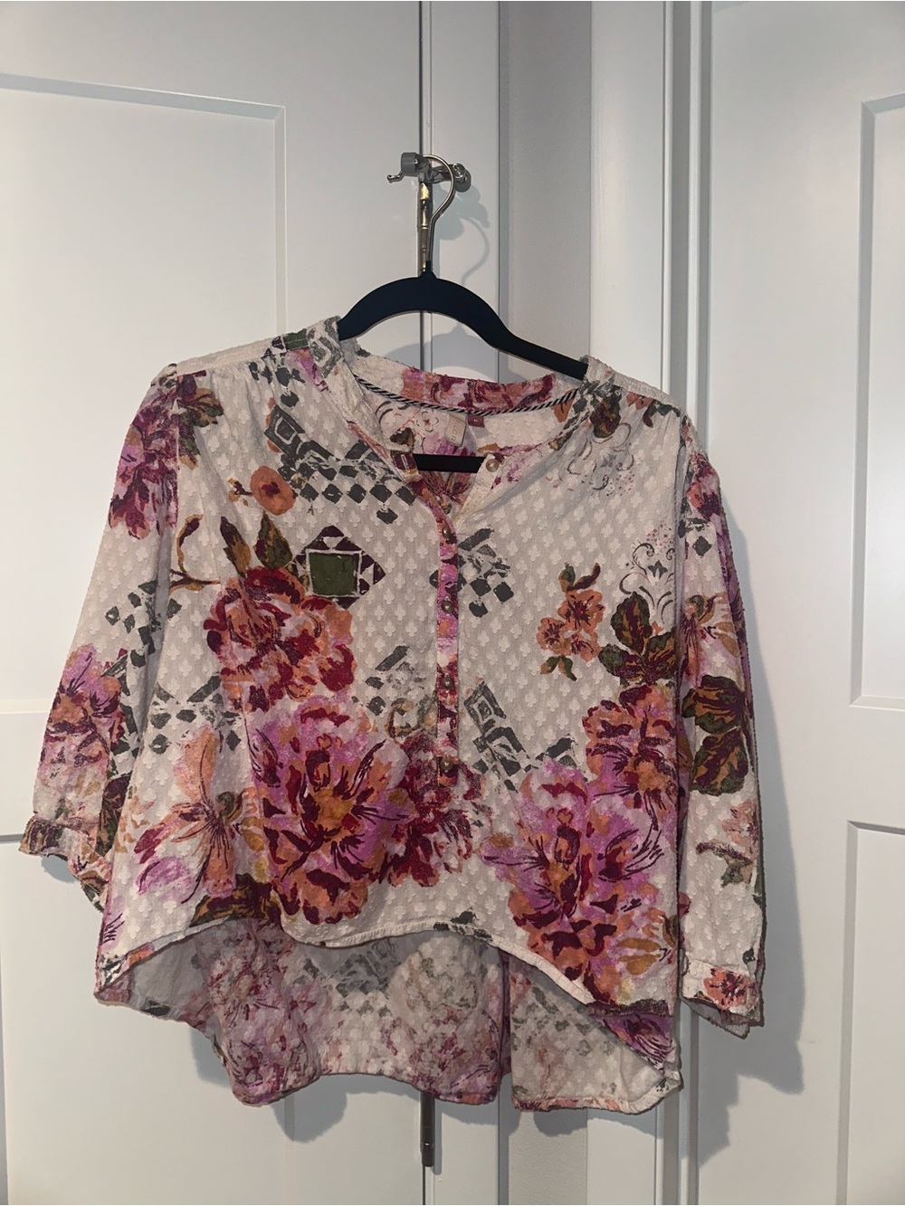 Anthropologie Pilcro Floral High-Low Pink and Olive Blouse